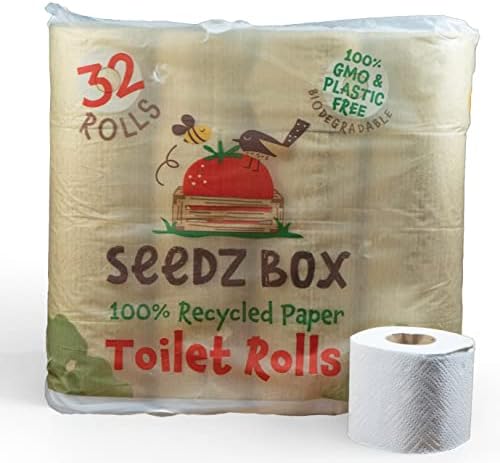 Eco Toilet Roll, Toilet Paper Made from 100% Recycled Paper, Outer Packaging Made from 100% Potato Starch, 5% of Sales to OneTreePlanted, 32 Loo Rolls, Bulk Buy, Seedzbox