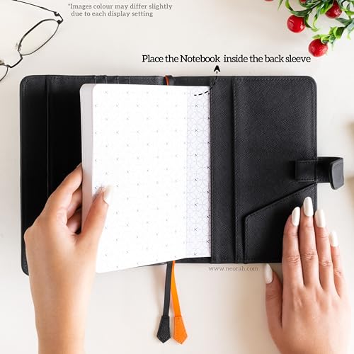 Image of NEORAH - B6 Notebook SLEEVE with SNAP Button + Dotgrid JOURNAL | Faux Leather Sleeve + Penloop | 2 Front 1 Back compartment | 6 Card Slots - BLACK