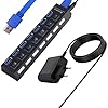 Hub USB Alimentato 3.0, 7 Porte USB, Per inciso Alimentatore con 5 V/1A, Hub USB Attivo 3.0 con Interruttori Individuali, Cavo 60cm per PC, Laptop, HDD Esterni, 5Gbps
