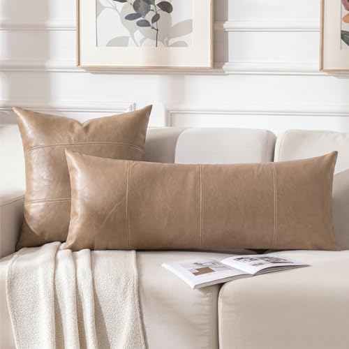 Image of Fancy Homi Tan Long Lumbar Waterproof Faux Leather Body Decorative Throw Pillow Cover 14x36 Inch for Bedroom Couch Bed Bench, Beige Hand Stitched Cushion Case, Taupe Modern Farmhouse Room Decor