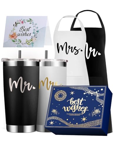 JETIKON Wedding Gifts for Couples 2025 Bridal Shower & Engagement Gifts - His & Hers Mr & Mrs Stainless Steel Insulated 20oz Tumbler & Apron Set