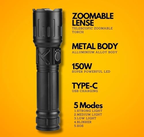 Image of M981 Heavy Duty Metal Torch | 150W High Brightness LED | Rechargeable 2400mAh Battery | Zoomable Focus | Type-C Fast Charging Torch for Night & Outdoor