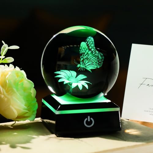 Image of Arikyrist 3D Crystal Ball Butterfly Flower Figurine with LED Base, Laser Butterfly Gifts for Women Men, Glass Butterfly Statue Ball Night Light for Christmas Birthday Home Decor (80mm)