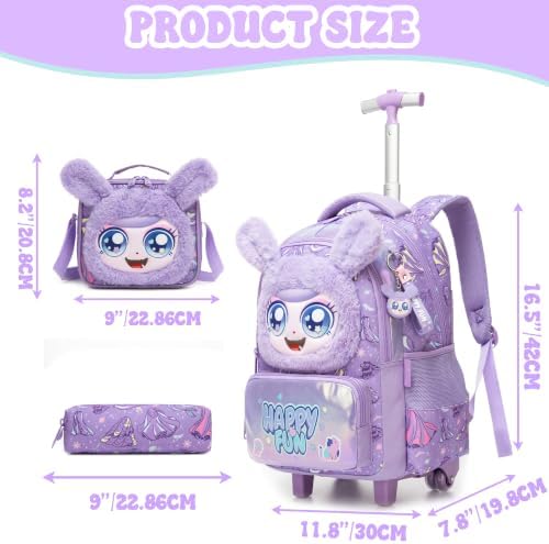 ZBAOGTW Girls Rolling Backpack for Kids with Wheels,Cute 3D Kids Rolling Backpack for School,Lightweight Kids Luggage for 6-8,Large Capacity BookBag with Wheels & Telescopic Handle - 1
