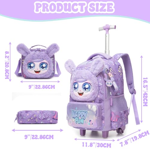 ZBAOGTW Girls Rolling Backpack for Kids with Wheels,Cute 3D Kids Rolling Backpack for School,Lightweight Kids Luggage for 6-8,Large Capacity BookBag with Wheels & Telescopic Handle