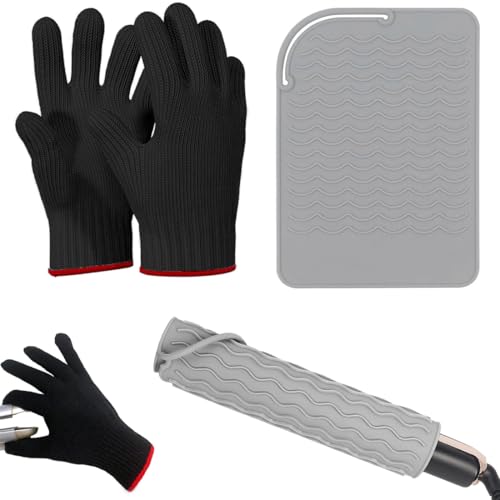 OIXEYA 2PCS Guante Termico Peluqueria con 1 Alfombrilla de Silicona,Guantes Para Peinado con Calor,Guantes Para Planchar el Pelo,Guantes Profesionales a Prueba de Calor Para Herramientas de Cabello