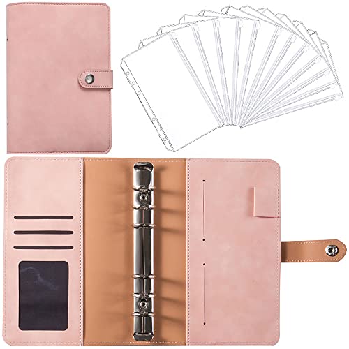 A6 PU Leather Notebook Binder Refillable 6 Ring Budget Binder for A6 Filler Paper, Loose Leaf Personal Planner Binder Cover with Buckle Closure-Pink (Binder & Zipper Bag)
