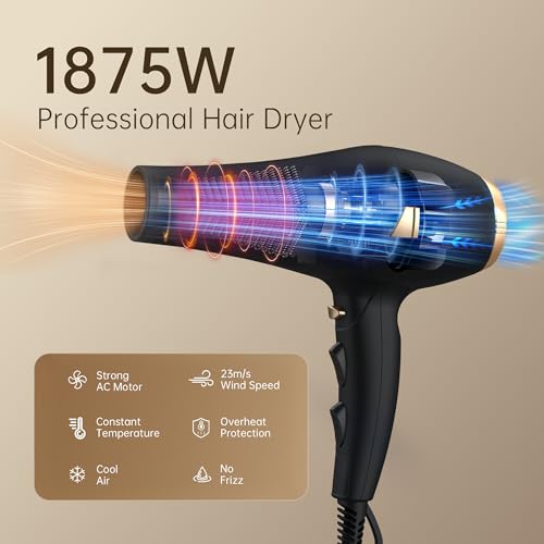 Image of CONFU Hair Dryer Professional Hairdryer - Ionic Blow Dryer 5X Fast Drying | 1875 watt AC motor, 3 heat 2 speed 1 cold button, Blowdryers with comb, diffuser for long thick, curly hair, Low noise, Salon