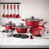 Jogo De Panelas 18 Peças Cerâmica Antiaderente com Temporizador de Temperatura Vermelho Premium