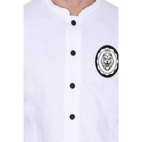 Image of Geum Men's Mandarin Collar Shirt with Graphic Print| Short Sleeve Cotton Blend Slim Fit Casual Shirt for Men