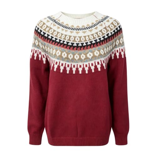Womens Fair Isle Sweaters Oversized Vintage Cozy Knit Pullover Sweaters Wine #2 L - image 3