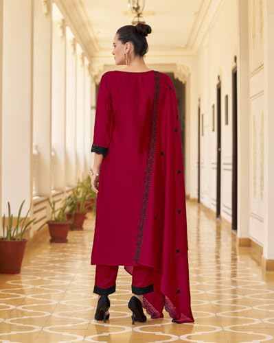 Image of Shaily Premium Silk Blend Embroidered Tailored Kurta with Pants and Dupatta Set | Ethnic Set | 3-Piece Suit Set | Haldi and Wedding Suit Set for Women