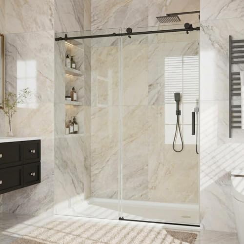Image of 44-48 inch W x 76 inch H Frameless Sliding Shower Door, 1 /4 inch (6mm) SGCC Tempered Glass with Easy-Clean Coating, Matte Black Round Rail, Single Sliding Bypass Bathroom Door