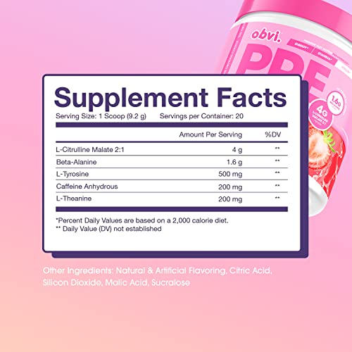 Obvi Pre Workout For Women, Preworkout, Designed For Energy, Stamina And Focus, No Crash Or Jitters, Made With Beta Alanine And L-Citrulline Malate 2:1 (20 Servings, Strawberry Lemonade) #TOP1