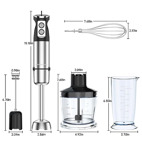 Frullatore a Immersione 5 In 1 Da 1000W con 24 Velocità e Modalità Turbo, Lame In Acciaio Inossidabile, con Bicchiere per Miscelare, Tritatutto, Frusta e Montalatte（Nero）