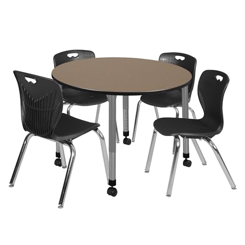 Regency Kee 48 in. Round Mobile Adjustable Classroom Table- Noble Oak Top, Grey Base & 4 Andy 18 in. Black Stack Chairs