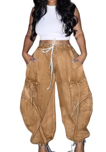 Molisry Women's Drawstring Wide Leg Jeans High Wasited Y2K Harem Baggy Pants Denim Casual Streetwear