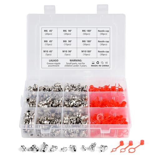 lalago 260 Pezzi Set di Ingrassatori, M6 M8 M10 Testine Ingrassatori Grasso Raccordo Assortimento, Raccordo per Ingrassatore in Metallo ad Dritto e Angolato 45 ° 90 ° 180 °, Ingrassatore Idraulico