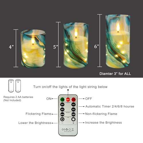 Image of Flickering Flameless Candles Blue Water Ripple Print, Embedded Star String Lights, Battery Operated Acrylic LED Pillar Candles with 11-Key Remote and Timer for Home Decoration, 3 Pack