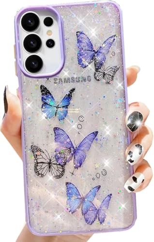 Image of VONZEE for Samsung Galaxy S25 Ultra Clear Glitter Butterfly Case, Cute Bling Sparkle Shiny Soft Silicone TPU Bumper Shockproof Women Girls Slim Protective Phone Cover for Galaxy S25 Ultra, Purple