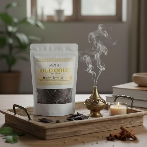 Image of Moheb Bukhur 25 Gram Arabic Fragrance Pouch | Long Lasting & Non-Toxic Bakhoor for Home, Office, Temple, Mosque | Use with Charcoal (Oud Gold)
