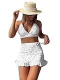 Floerns Women's 3 Piece Bathing Suit High Cut Bikini Sets Swimsuit with Cover Up Skirt White M