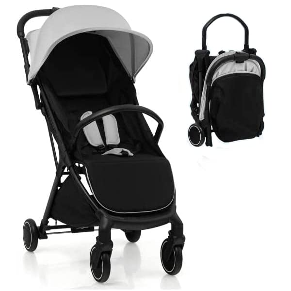 Baby Stroller, Folding Infant Travel Pushchair with Storage Basket, Canopy Handrail and Five-Point Harness, Toddler Lightweight Buggy for 0-36 Months (Grey)