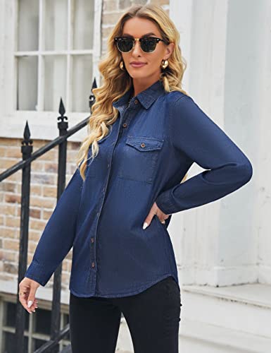 Vetinee Women's Button Down Denim Shirt Collared Casual Long Sleeve Pocket Tops4