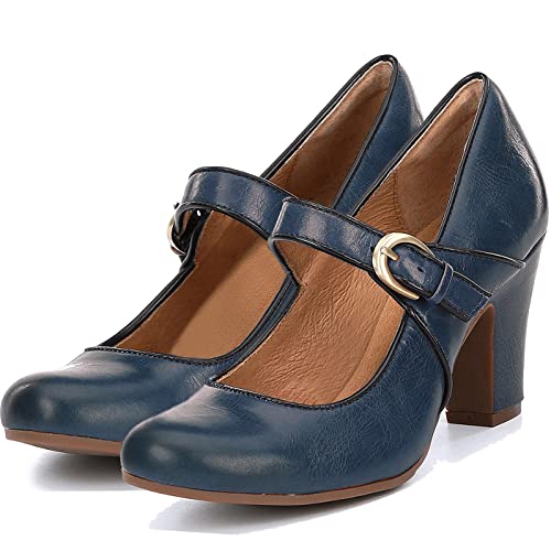 Image of SHODENSE Women Vintage Chunky High Heel Mary Jane Shoes Round Closed Toe Ankle Strap Dress Sandals 3 inch Block Heels Mary Jane Lolita Pumps Two-Toned Patchwork Buckle Office Lady Wedding Retro 4-11 M US