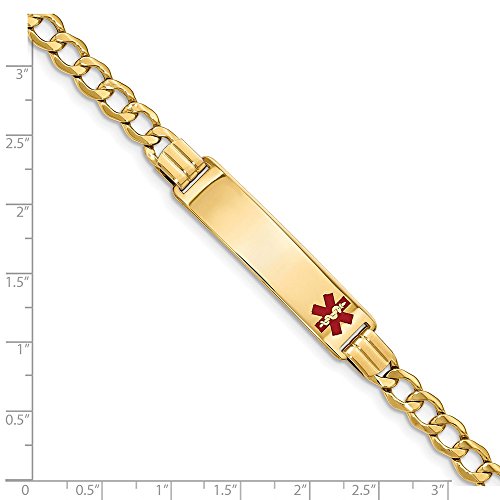 14k Yellow Gold RN Registered Nurse Caduceus Symbol Medical Red Enamel Curb Cuban Link 5.9mm ID Emergency Alert Bracelet Engravable Identification Name Bar Tag - with Secure Lobster Lock Clasp 8\"