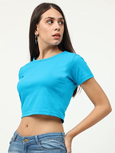 Image of FLEXIMAA Women's Cotton Plain Round Neck Half Sleeve Crop Top