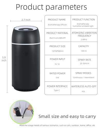 Auto-Diffusor für ätherische Öle und tragbare Mini-Ultraschall-Luftbefeuchter, 100 ml, USB-Aromatherapie-Diffusor mit bunten Lichtern für kleine Räume, Zuhause und Büro