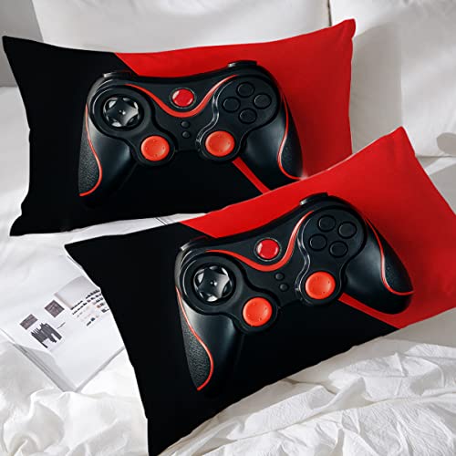 BlessLiving Boys Gamer Pillow Cover Set of 2 Red Video Game Pillowcase Black Gamepad Controller Pillow Case for Room Bedroom Sofa Chair Car, Queen