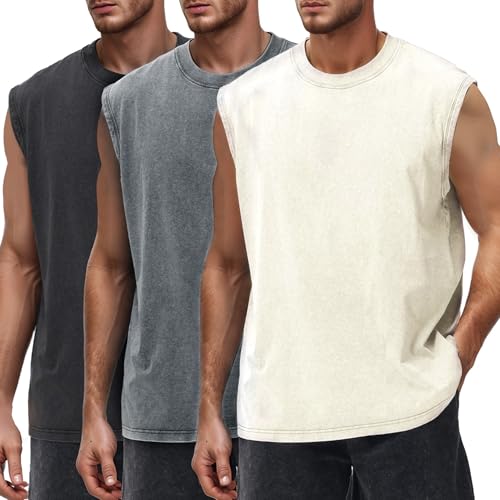 Yimoon Mens Cotton Workout Tank Tops Sleeveless Acid Wash Tshirts Cut Off Muscle Shirts Loose Fit Running Gym Tees
