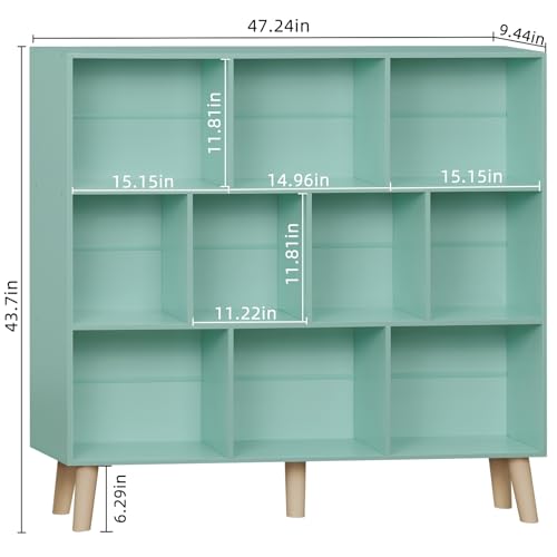 LEYAOYAO 10 Cube Bookshelf,3 Tier Modern Wide Bookcase with Legs,Mid-Century Wood Bookshelves Storage,Mint-Green Large Book Case,Freestanding Organizer Display Shelf for Bedroom,Living Room,Office