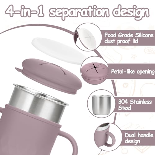 Image of Toddler Snack Containers Stainless Steel Spill-Proof Snack Containers for Toddlers with Spill-Proof Silicone Lids and Handles 4-in-1 Baby Snack Cup is Dishwasher Safe for Easy use On The Go(Purple)