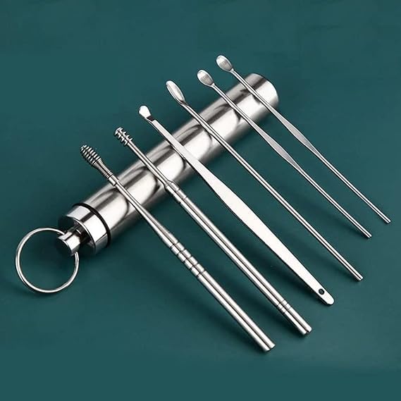 ELITEWAVE Wax Cleaner - Resuable Ear Cleaning Tools with Aluminum Tube - Ear Pick Wax Remover Tool Kit and Spring Ear Buds Cleaner Fit in Pocket Great for Traveling Ear Cleansing Tool Set (6 Pc) Spiral Ear Curette Tool with Cleaning Brush For Kids Man Woman (STEEL)-image-10