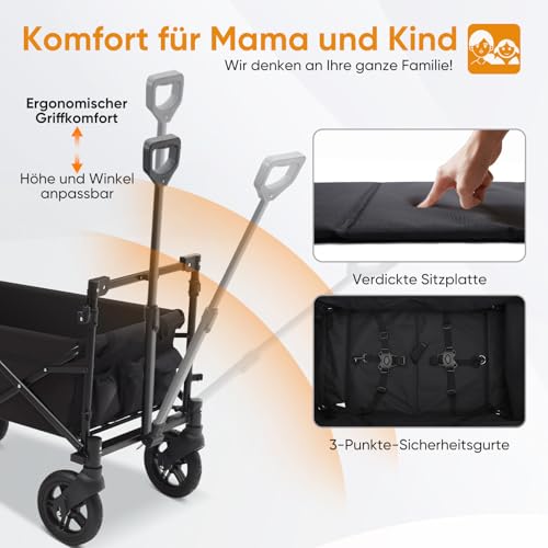 Sekey Bollerwagen Faltbar mit Dach 2 Kinder 100KG, Faltbarer Bollerwagen Handwagen Schiebegriff, Kinderwagen Stoßfest PU Räder mit Bremsen 110L, SS5050, Schwarz