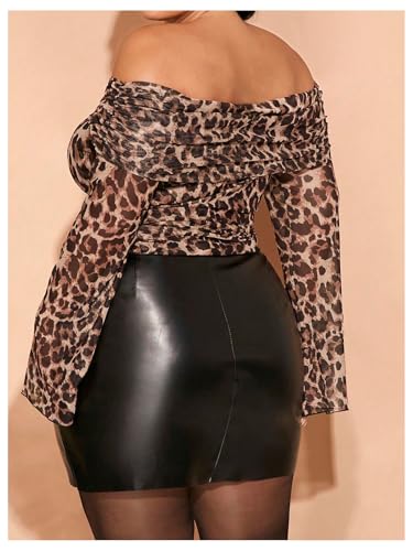 Women's Plus Size Leopard Off Shoulder Tops Bell Long Sleeve Ruched T Shirt Y2K Going Out Tops2