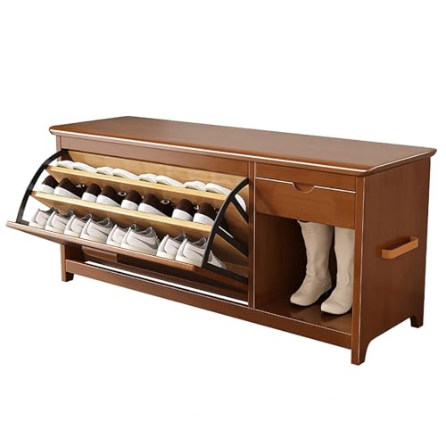 Banco de almacenamiento de zapatos de madera maciza con asiento acolchado, zapatero de entrada y cajón, zapatero interior para pasillo y sala de estar, baúl de almacenamiento multifuncional