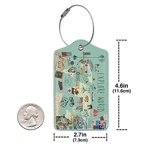 2 Pack Explore The World Stamps Pu Leather Luggage Tag, Name Id Card Baggage Tags With Privacy Cover Stainless Steel For Women Men Kids Girls Travel (Green, 2 Pcs) #TOP4