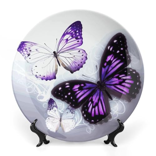 Plato decorativo de cerámica mariposas blancas y moradas 8 pulgadas