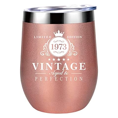 1973 - 50th Birthday Gifts for Women, 12oz Stainless Steel Wine Tumbler, Reusable Travel Mug Double Wall Vacuum Cup with Lid, Ideas Gifts for Her, Mom, Dad, Wife, Husband, Rose Gold Cover