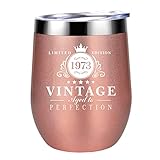 1973 – 50. Geburtstag Geschenke für Frauen, 340 ml Edelstahl-Weinbecher, wiederverwendbarer Reisebecher, doppelwandiger Vakuumbecher mit Deckel, Ideen Geschenke für sie, Mutter, Ehemann, Roségold