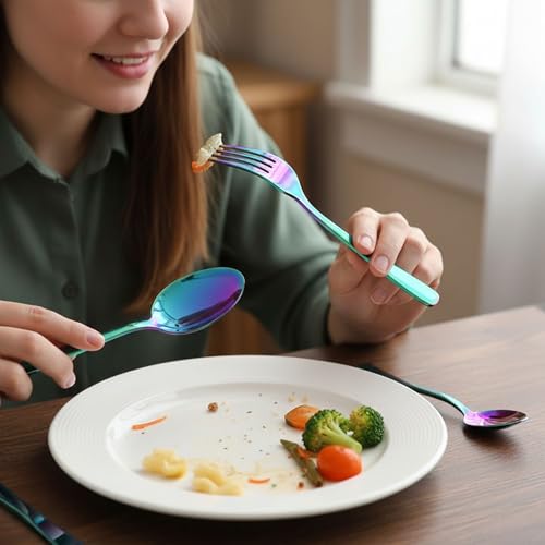 Image of 8 Pcs Rainbow Mirror Polish Stainless Steel Cutlery Set for Dining Table with Spoons and Forks Set + Butterknives - The Perfect Tableware /Flatware