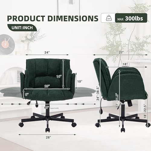 Image of Criss Cross Chair with Wheels & Outward-Folding Arms, Cross Legged Office Chair, Built-in Dynamic Airbag Lumbar Support, Wide Seat Desk Chairs for Home Office, Apartment, Vanity, Dark Green