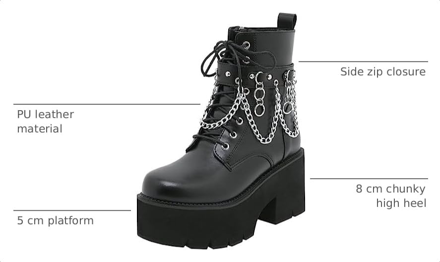 Image of Parisuit Womens Goth Patent Ankle Boots Platform Chunky Combat Boots | Lace Up, Gothic Boots, High Heel, Punk Short Booties, Buckle Boots, Chain Boots