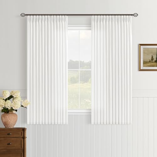 Image of Ivory White Semi Sheer Pinch Pleated Linen Curtains 63 Inch Long