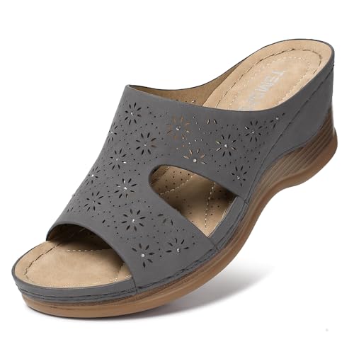 Image of TEMOFON Women Wedge Sandals Dressy: Comfortable Lightweight Summer Shoes | Low Wedge Heel - Fit Wide Feet - Comfy Stylish Slip on Sandals Size 5-11