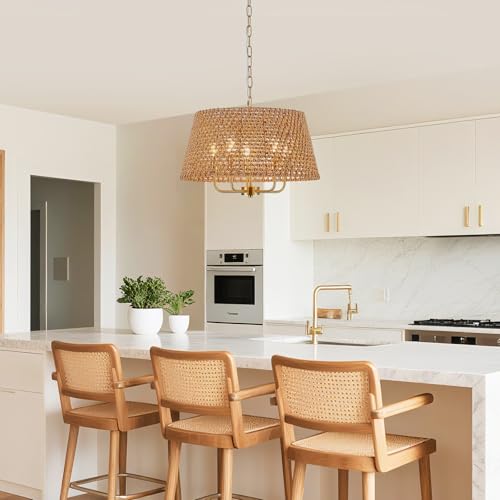 Image of 19.7 inch Gold Boho Rattan Chandelier, 5-Light Wicker Light Fixture | Hand-Woven Rattan; Vintage Farmhouse Style; Adjustable Height; Drum Chandeliers for Dining Room, Kitchen, Bedroom, Entryway